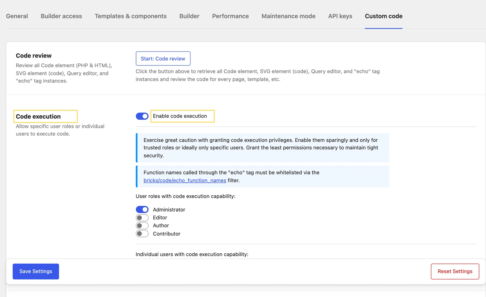 Bricks › Settings › Custom code in wp-admin: the Code execution row with the Enable code execution switch highlighted, and the roles below