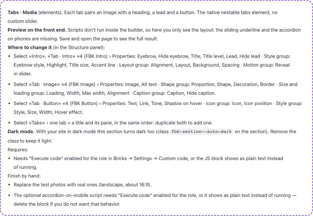 A template's builder note: what it does, what the preview is missing, where to change each piece, dark mode, requirements and what to finish by hand