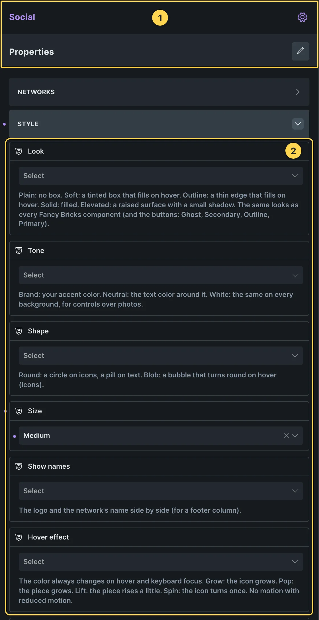 The Properties panel of an FBK Social instance, its Style group open: Look, Tone, Shape, Size, Show names and Hover effect