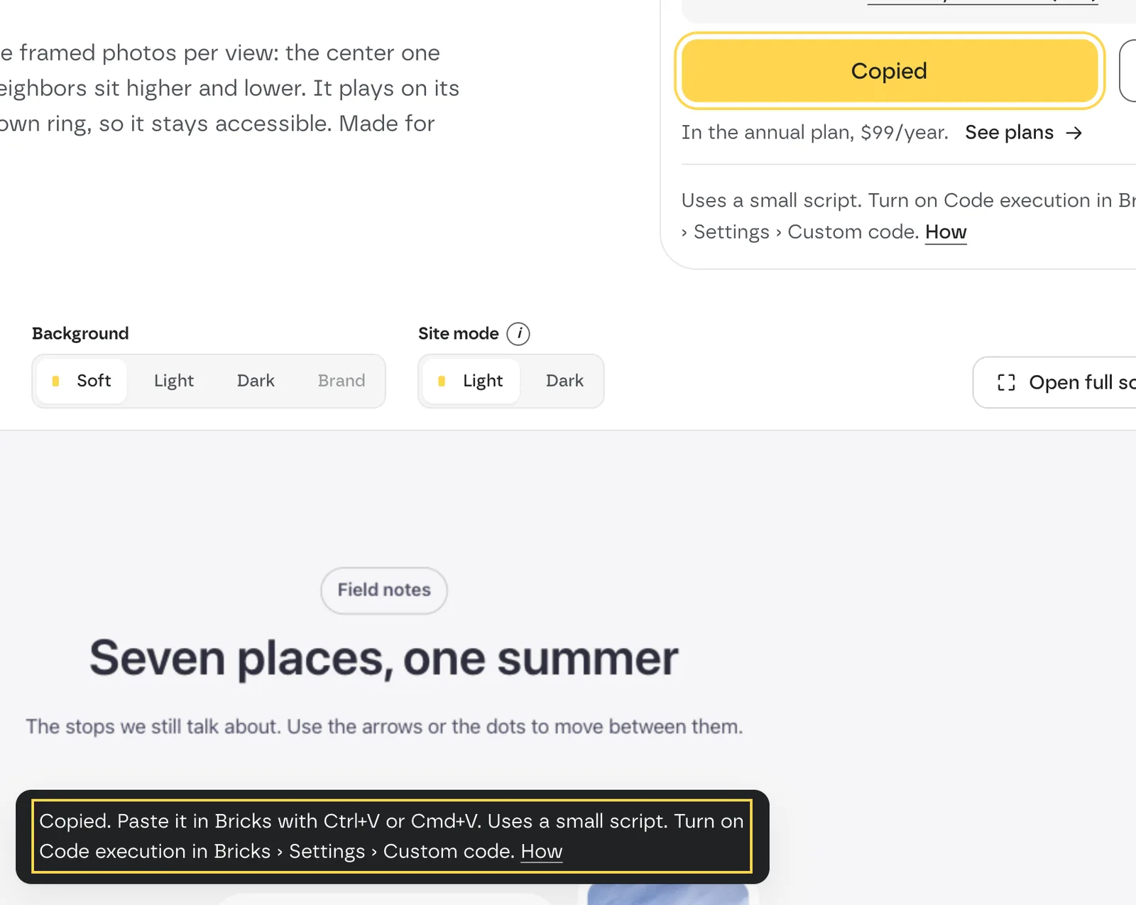 The Copy template button showing Copied, and the confirmation message at the bottom of the screen