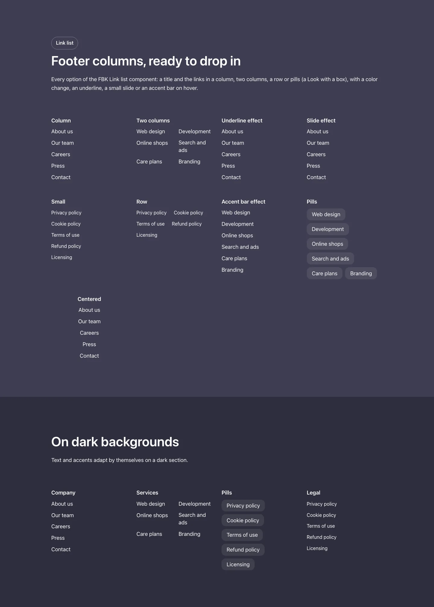 Elements · Link list, with the site in dark mode