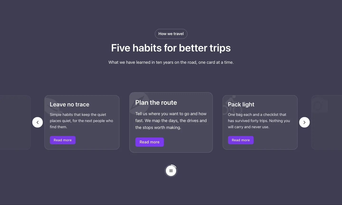 Elements · Center focus carousel, with the site in dark mode
