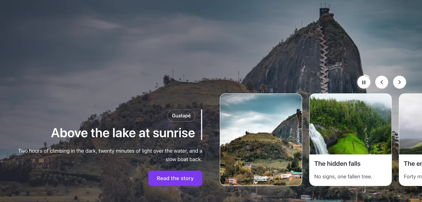 Elements · Card navigation slider (text right), with the site in dark mode