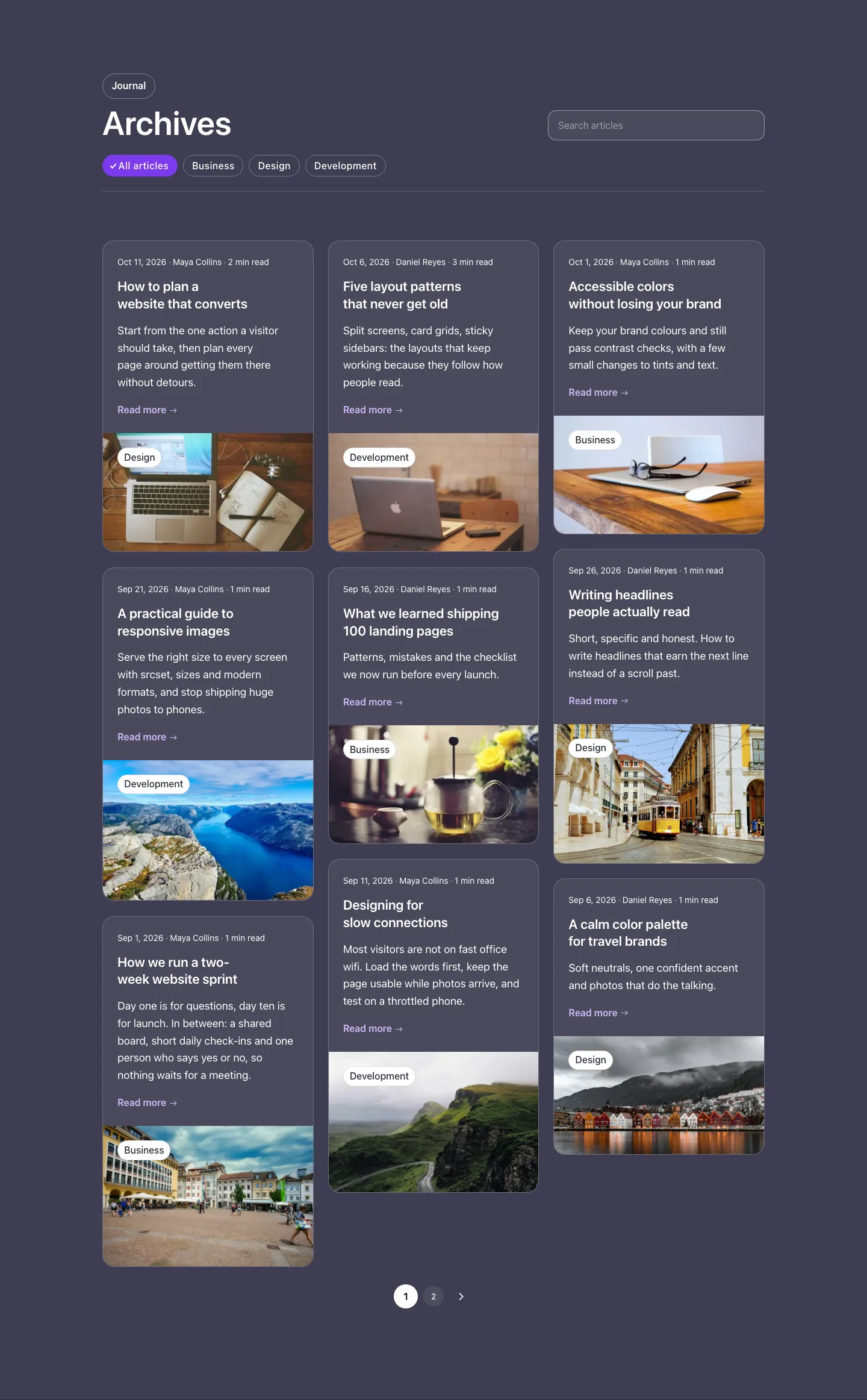 Blog · Masonry archive, with the site in dark mode