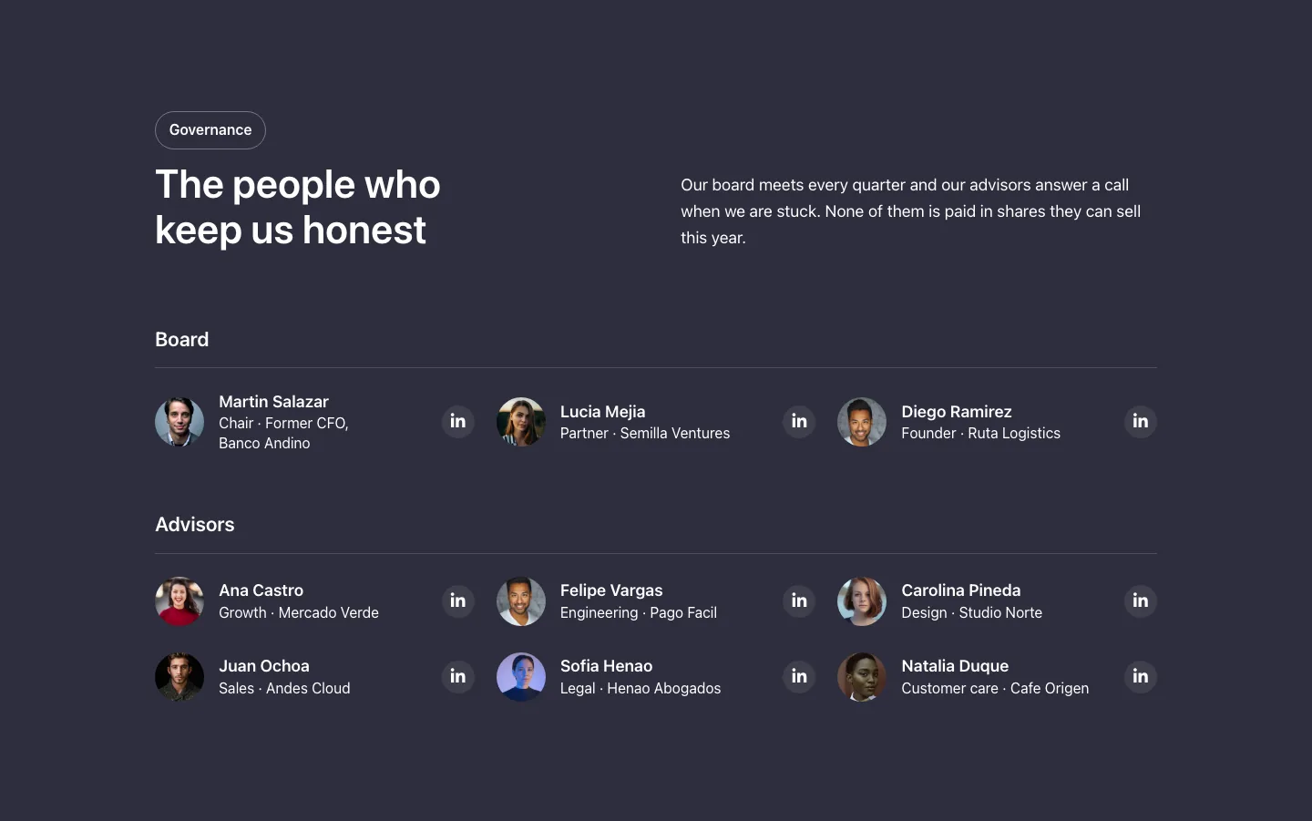 Team · Advisors and board, with the site in dark mode
