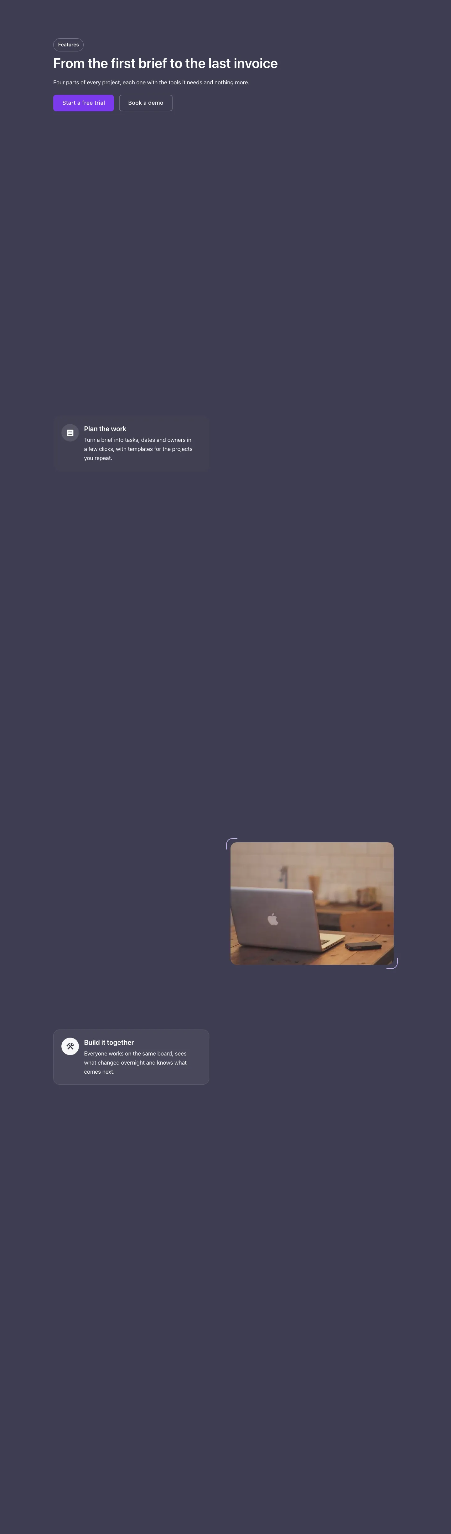 Features · Sticky list, with the site in dark mode