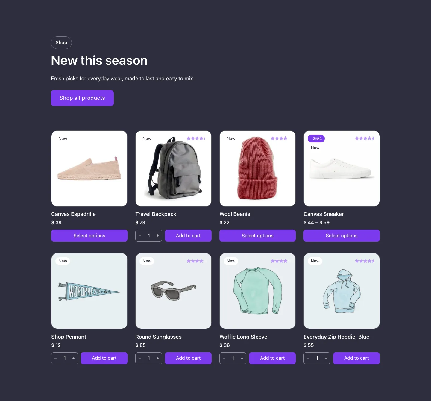 Woo · Product grid, with the site in dark mode
