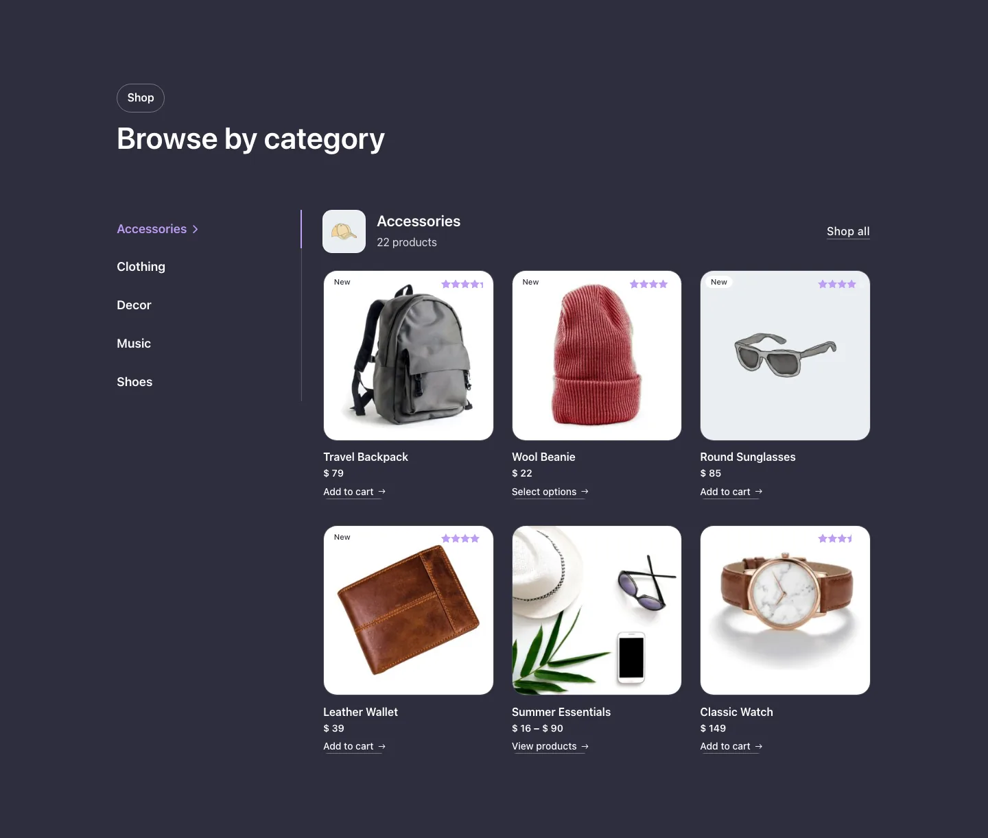Woo · Products by category, side tabs, with the site in dark mode