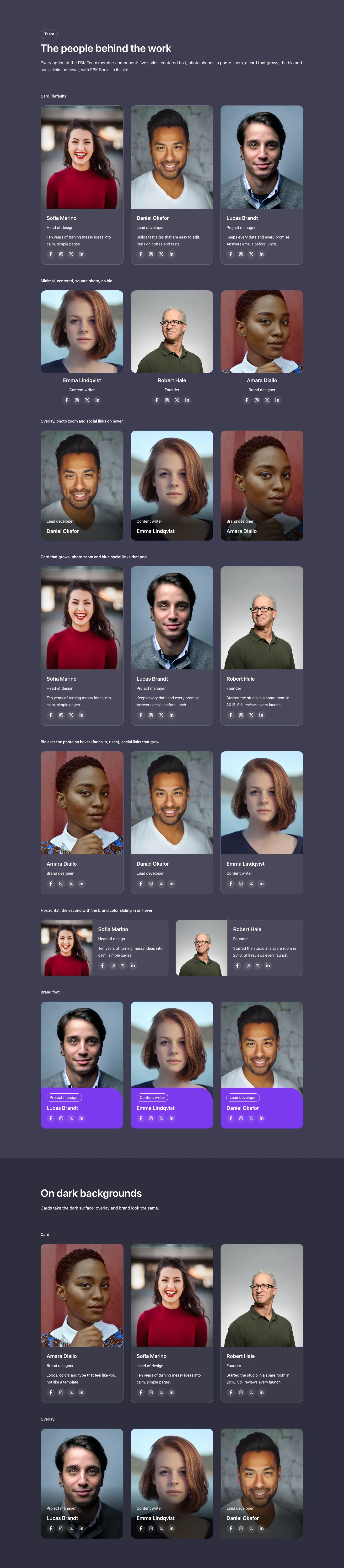 Elements · Team member, with the site in dark mode