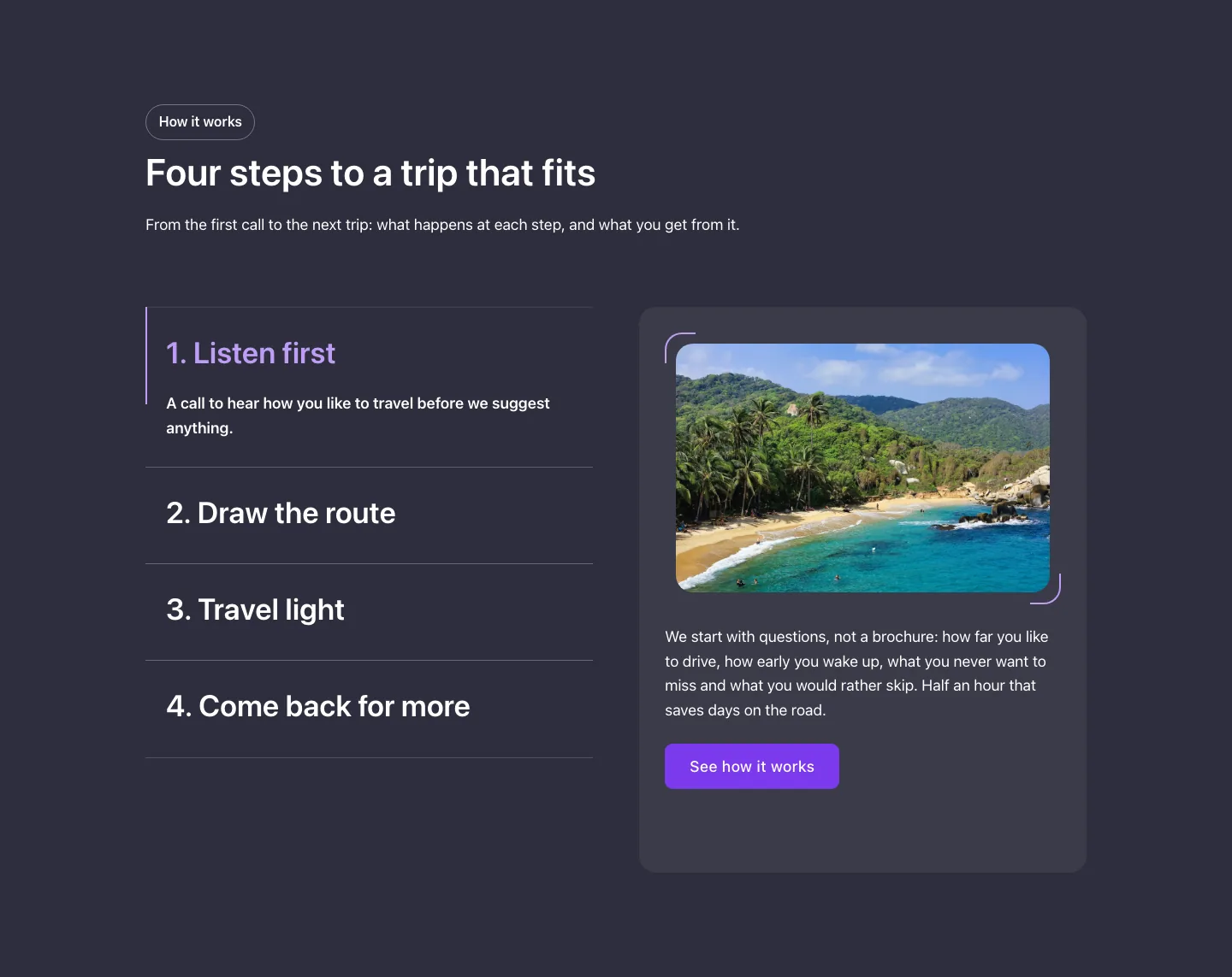 Tabs · Numbered, with the site in dark mode