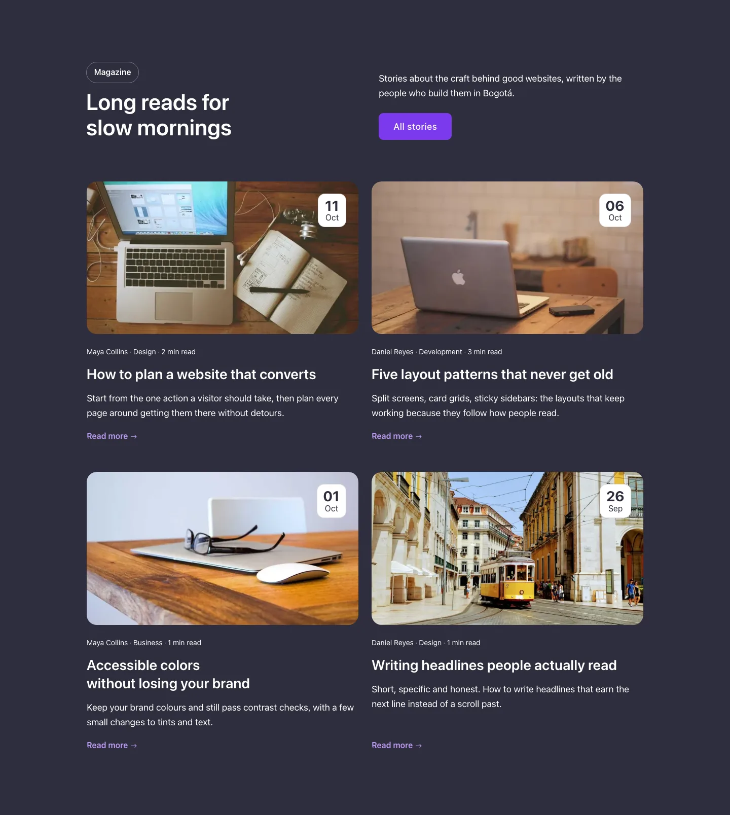 Blog · Editorial grid, with the site in dark mode