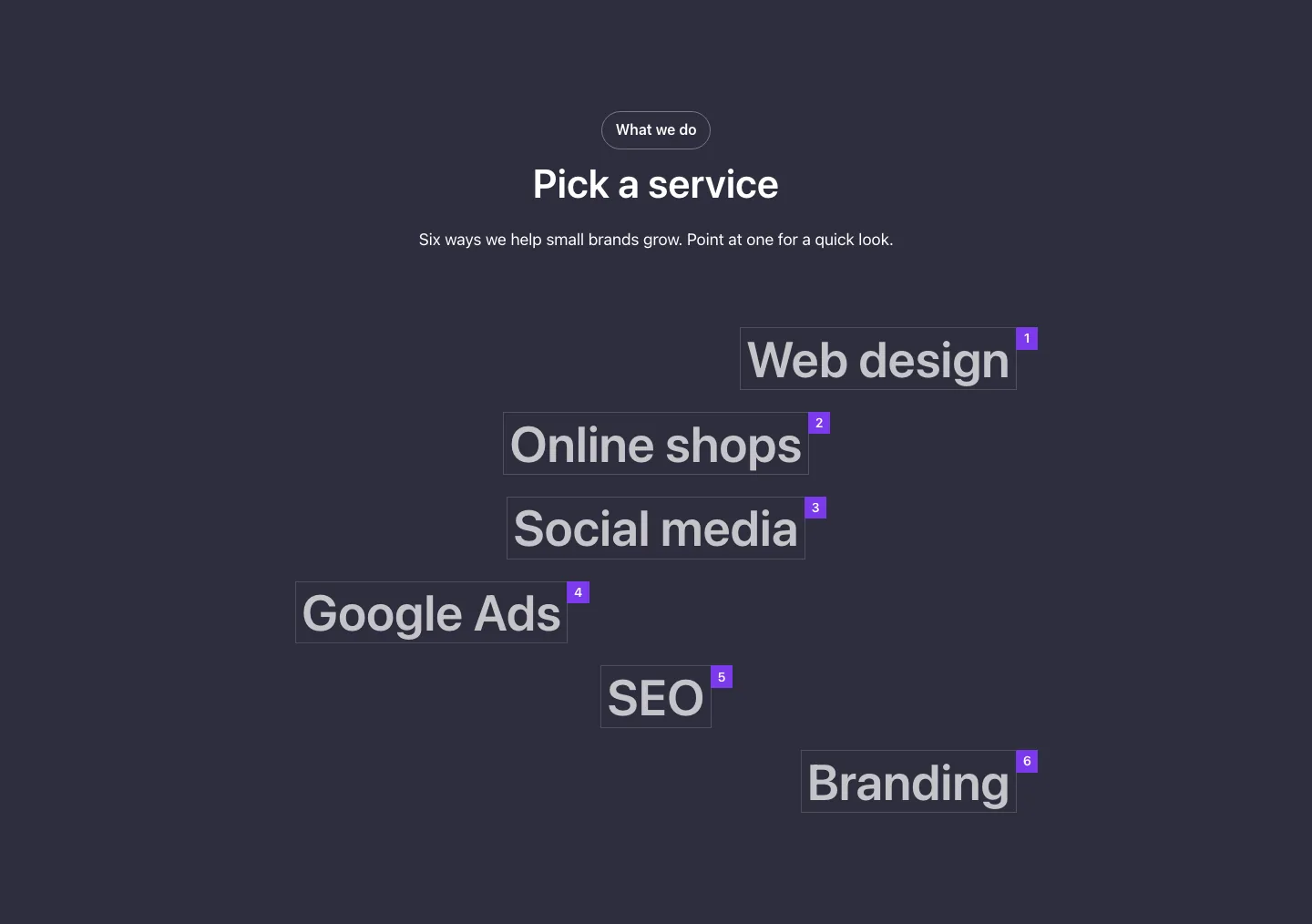 Elements · List hover words, with the site in dark mode