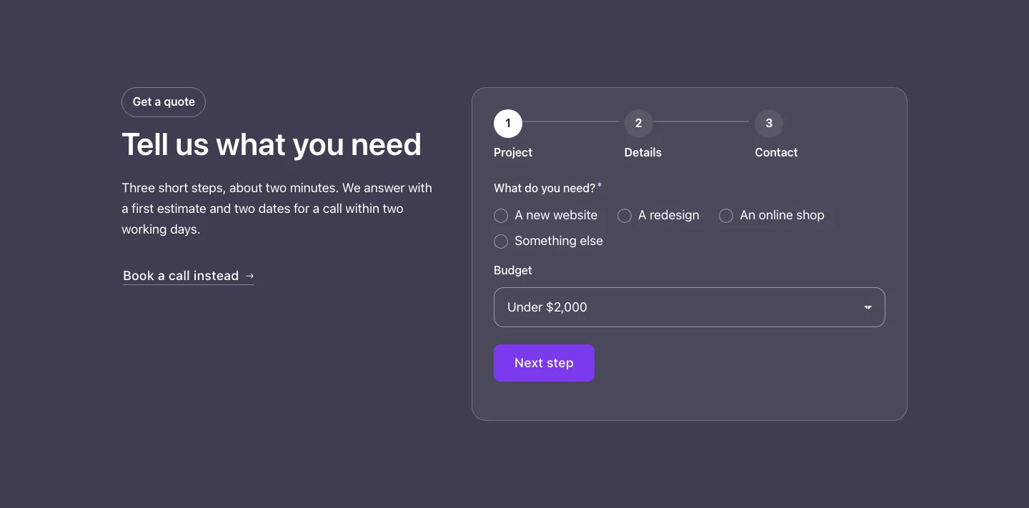 Contact · Form in steps, with the site in dark mode