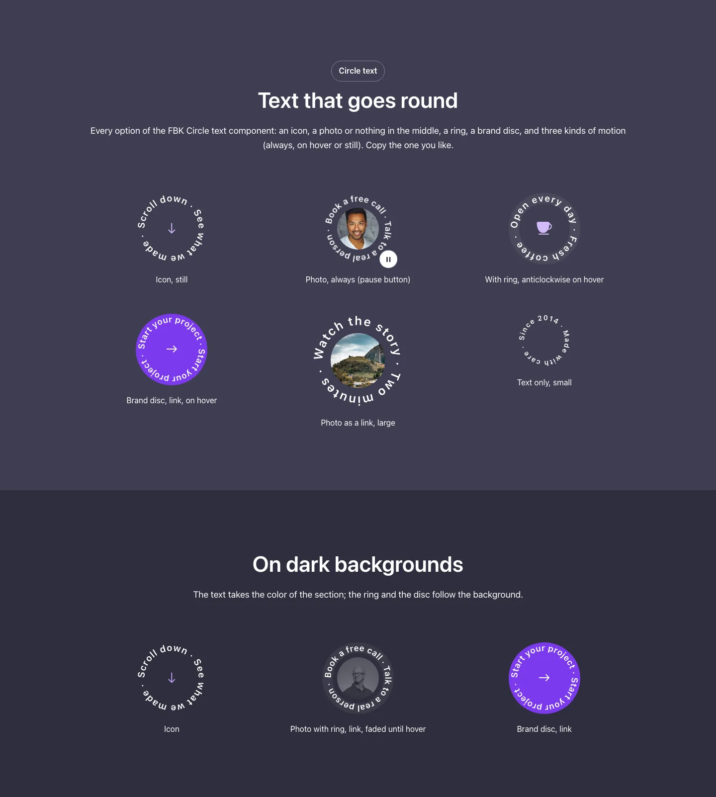 Elements · Circle text, with the site in dark mode
