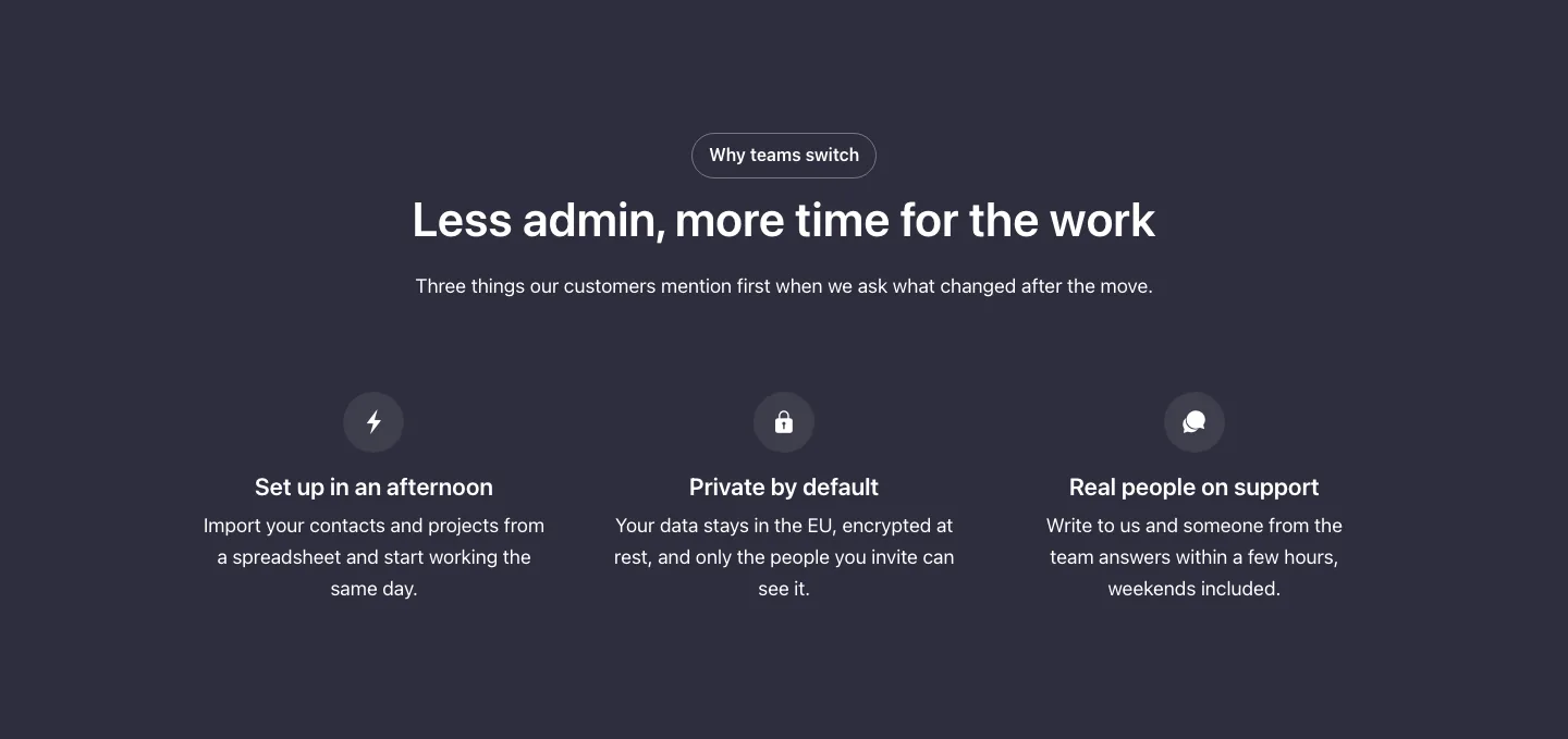 Features · 3 columns, with the site in dark mode
