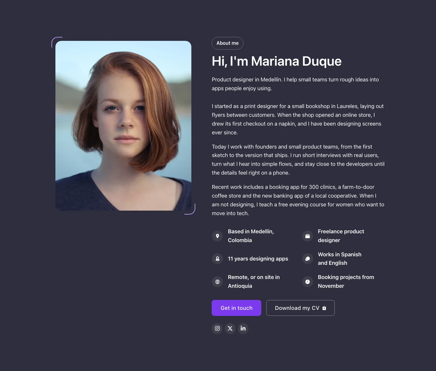 Team · Person profile, with the site in dark mode