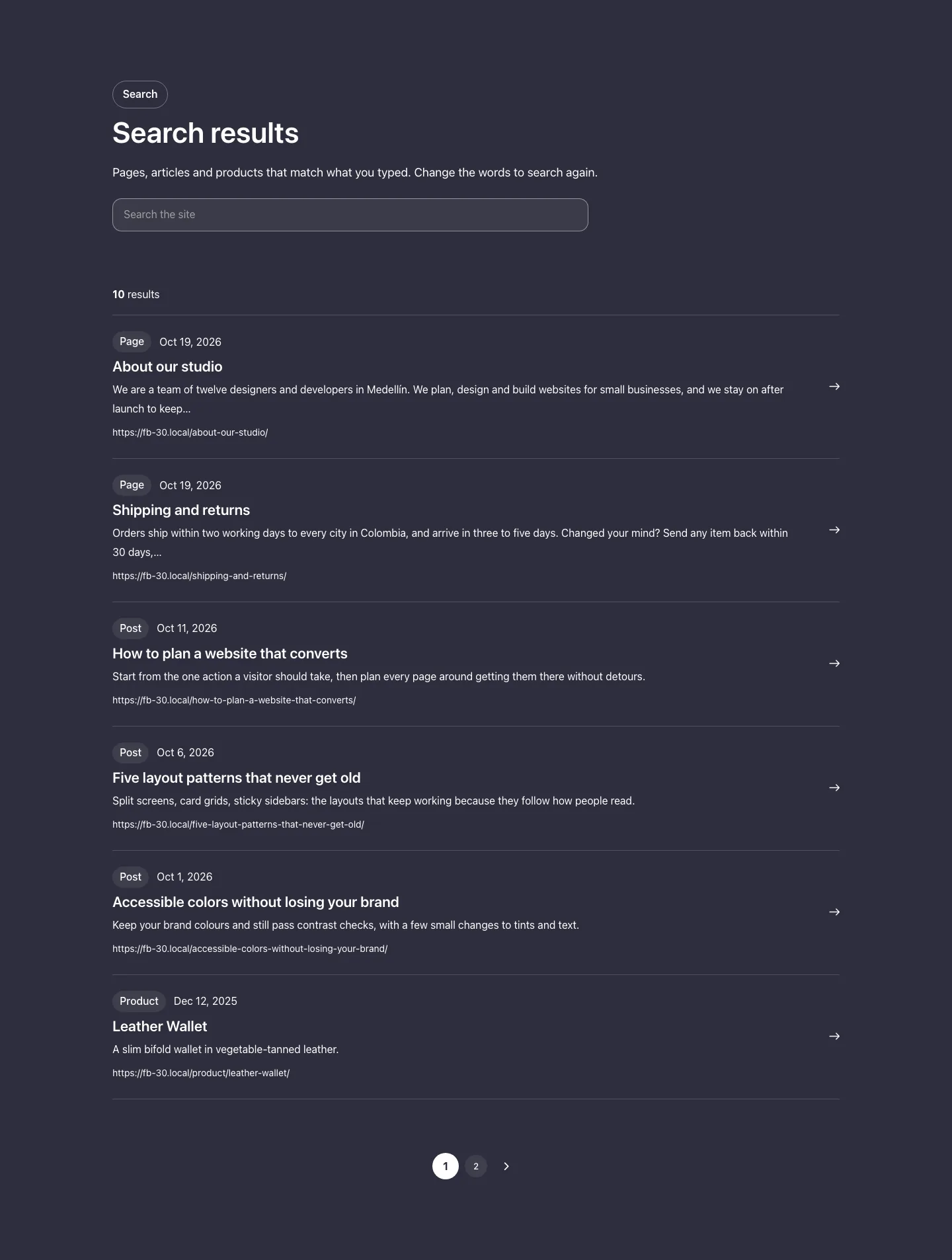 Blog · Search results, with the site in dark mode