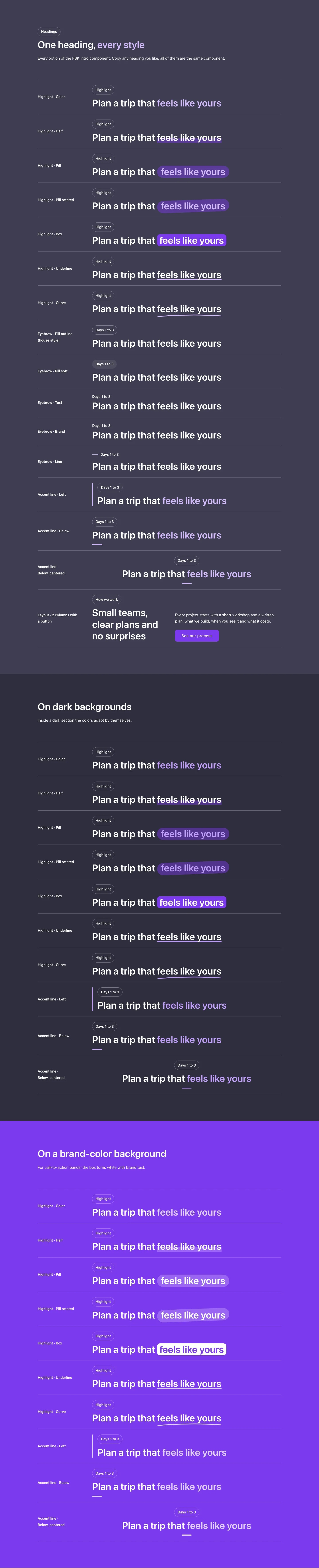 Elements · Headings, with the site in dark mode