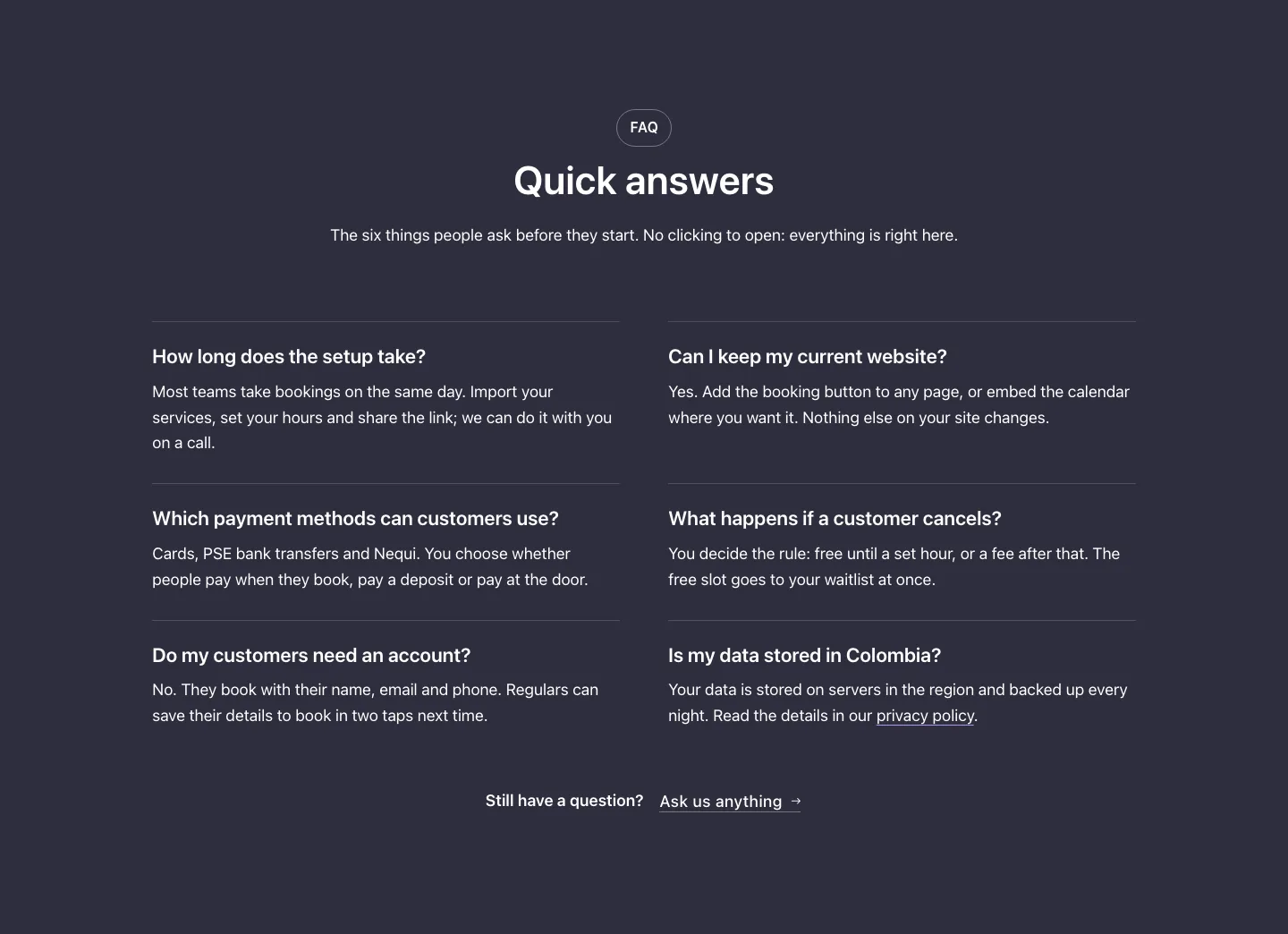 FAQ · Answers in view, with the site in dark mode