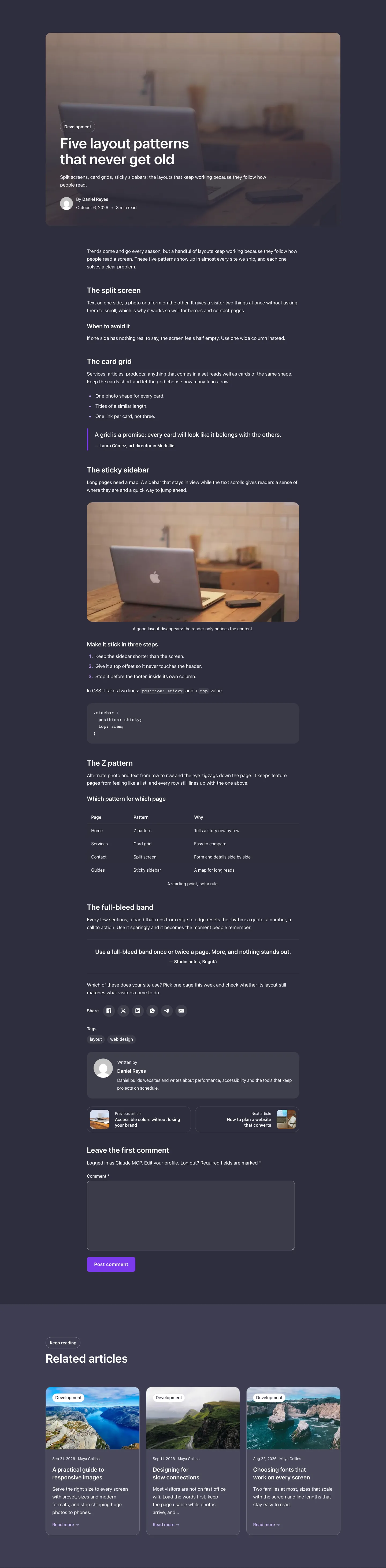 Blog · Single post with cover, with the site in dark mode