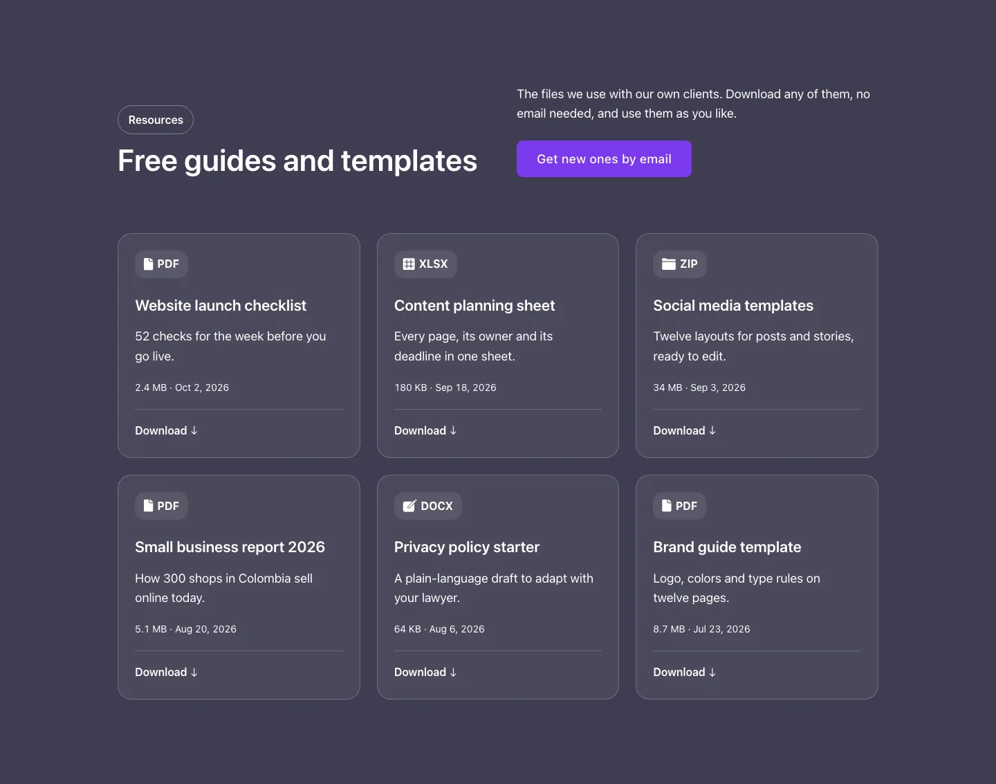 Cards · Downloads, with the site in dark mode