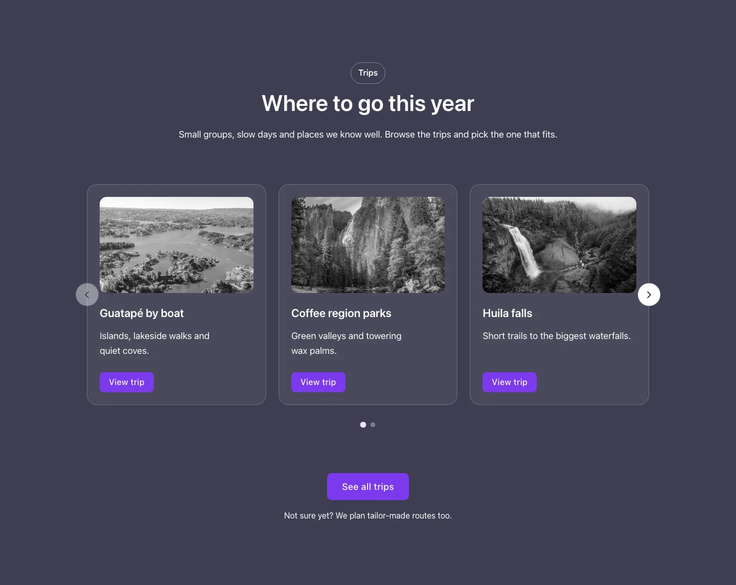 Text media · Card slider, with the site in dark mode