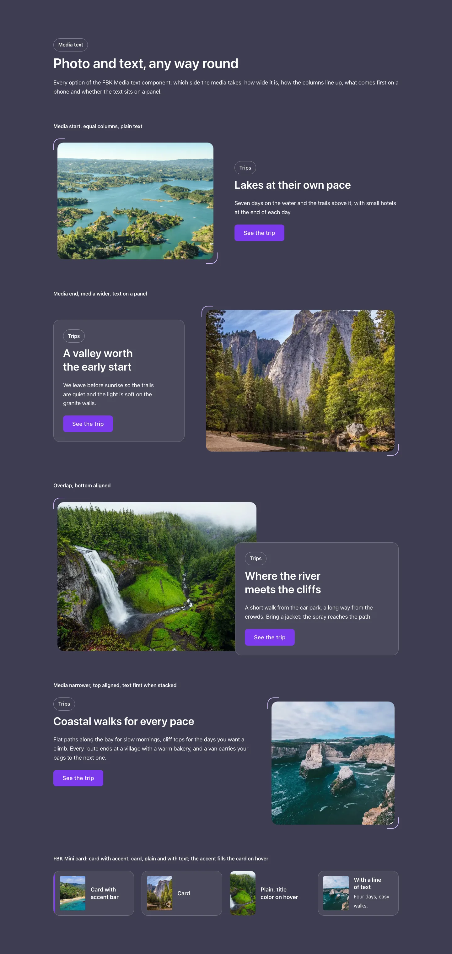 Elements · Media text, with the site in dark mode