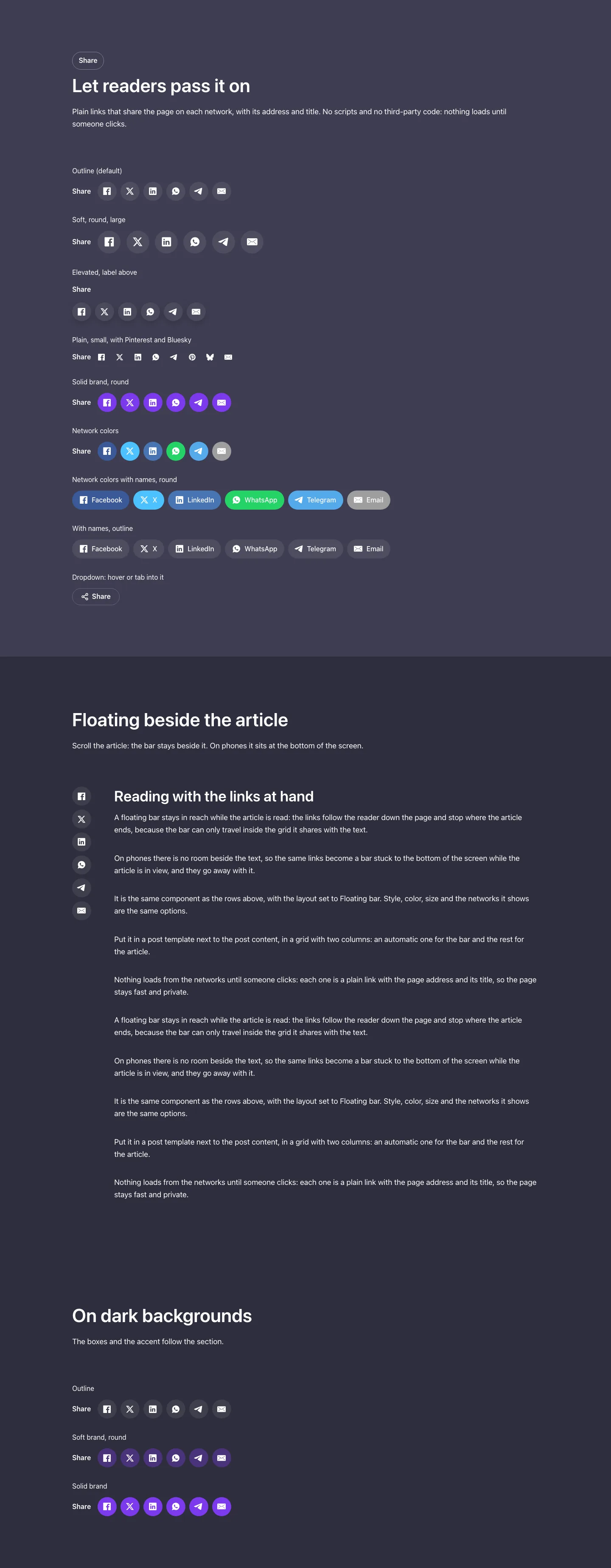 Elements · Share buttons, with the site in dark mode