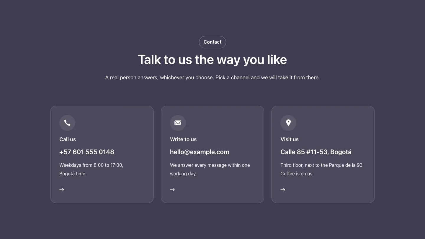 Contact · Channel cards, with the site in dark mode