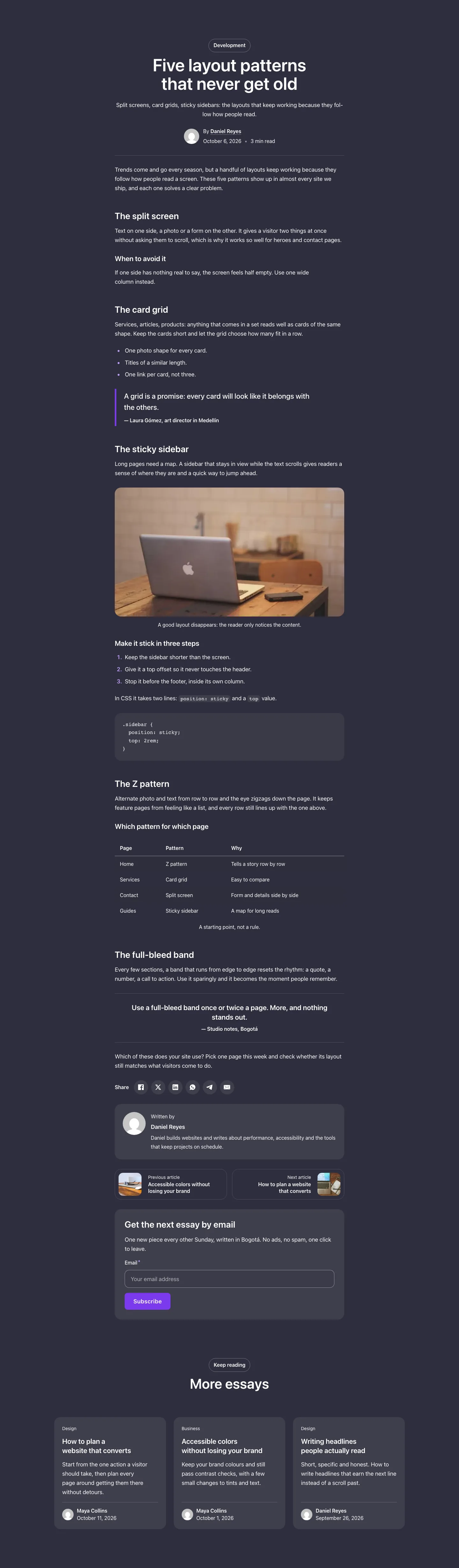 Blog · Minimal single post, with the site in dark mode