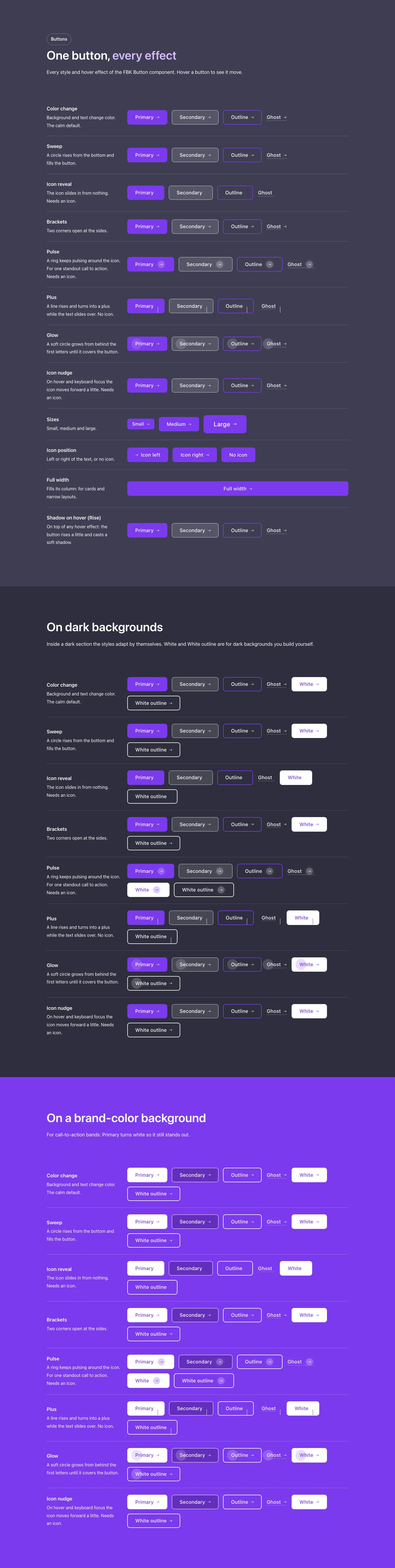 Elements · Buttons, with the site in dark mode