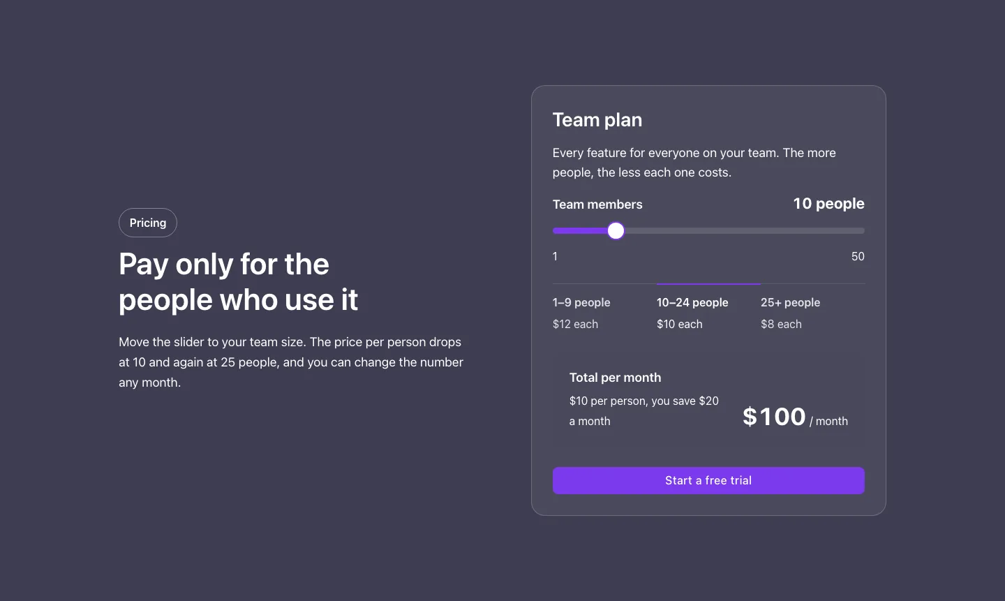 Pricing · Team calculator, with the site in dark mode