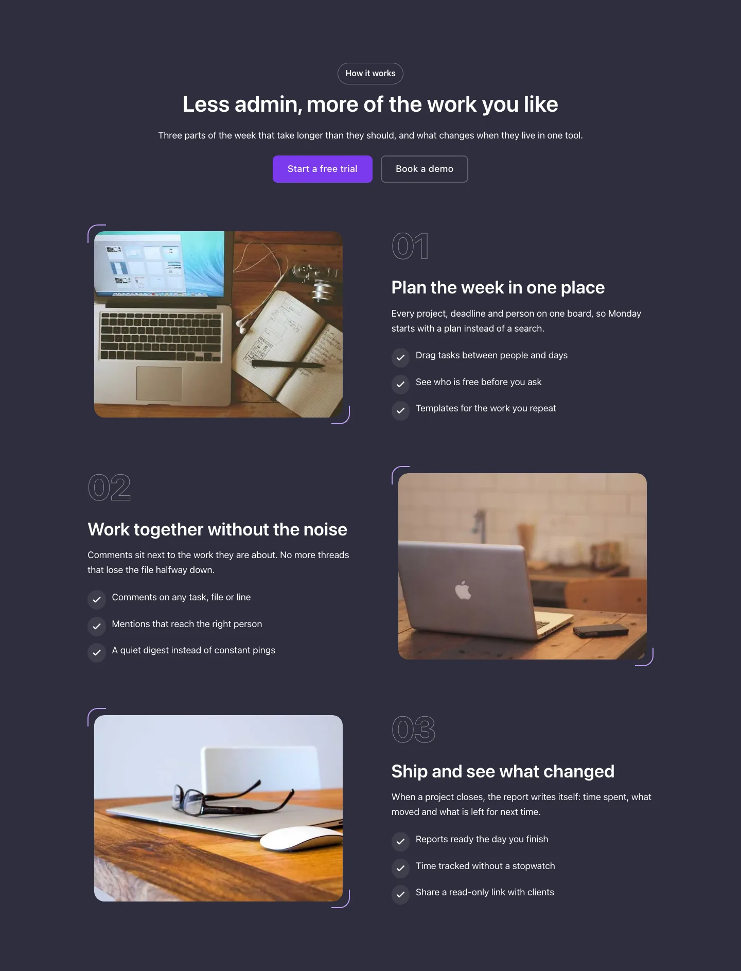 Features · Alternating rows, with the site in dark mode