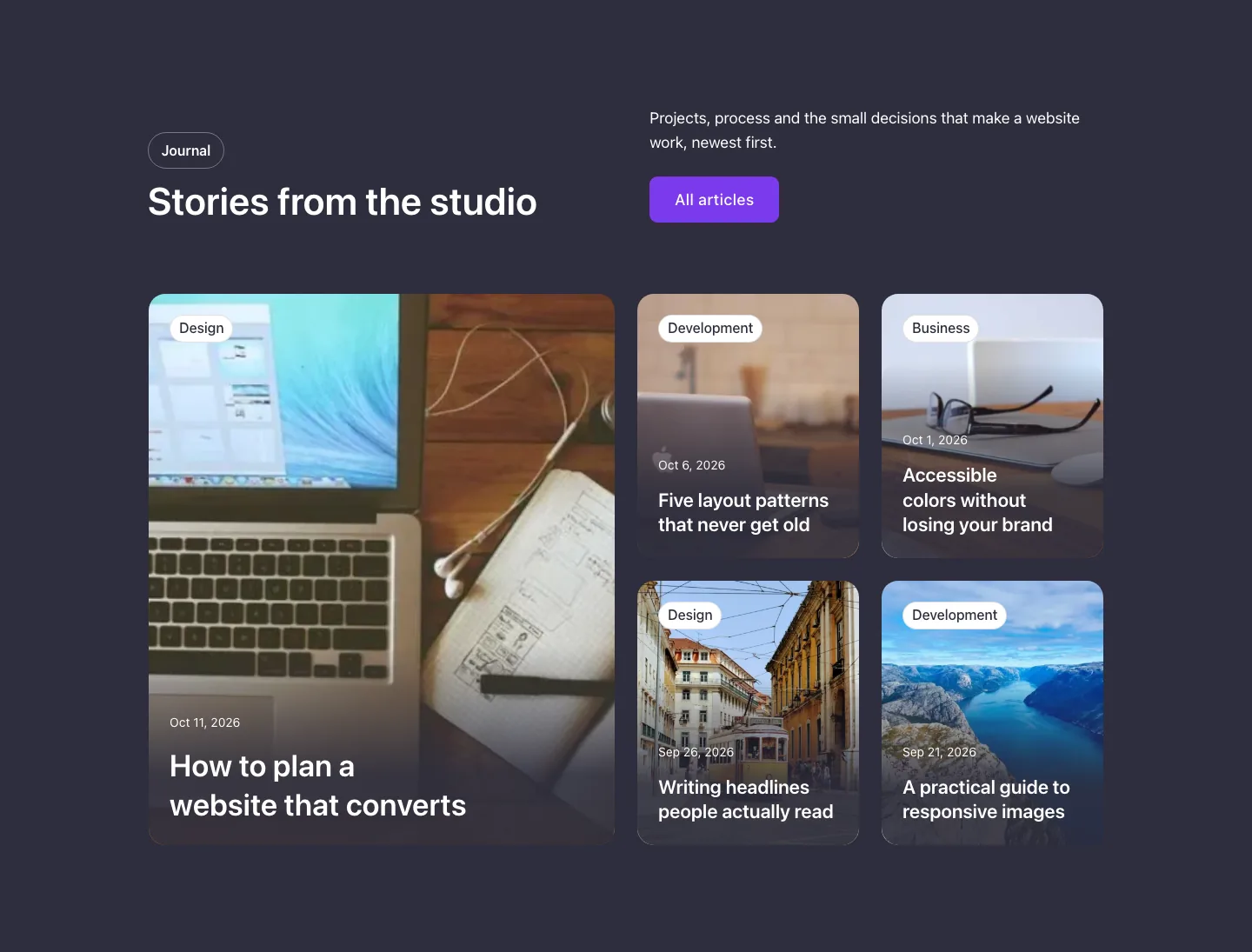 Blog · Post mosaic, with the site in dark mode
