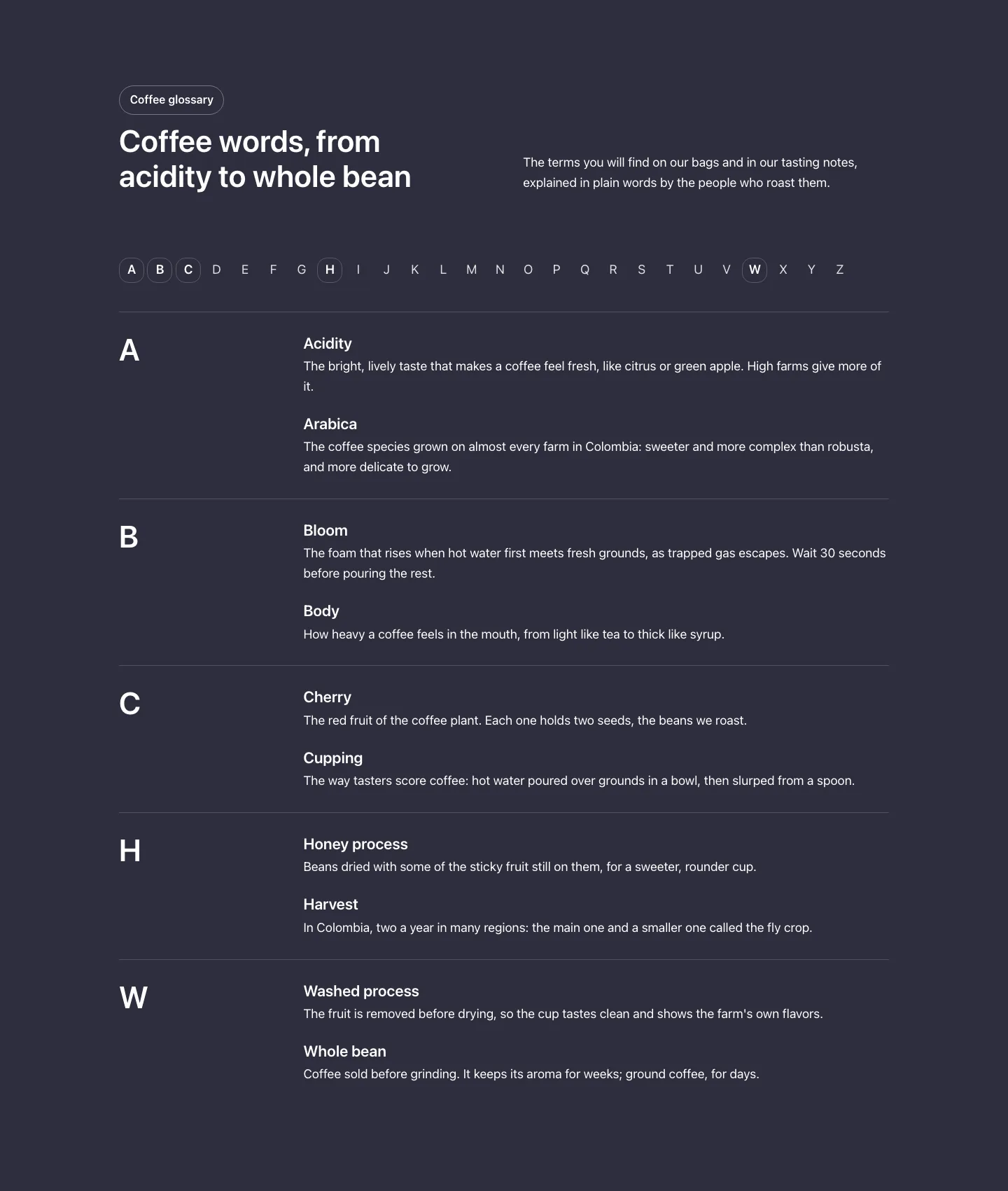 Text-media · Glossary A–Z, with the site in dark mode