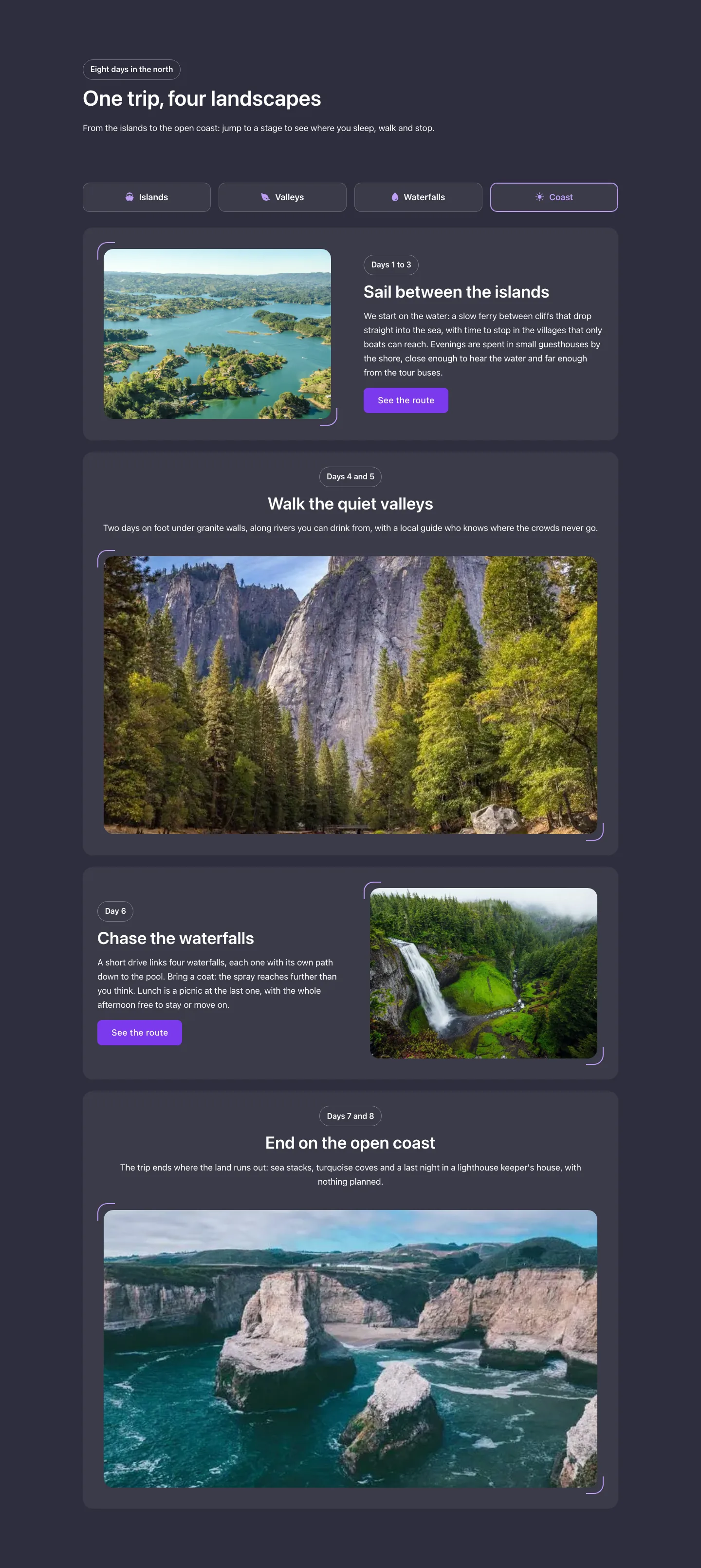 Elements · Section menu, with the site in dark mode
