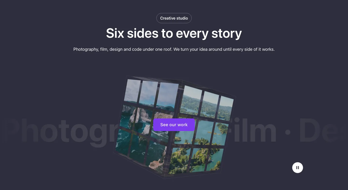 Hero · Cube, with the site in dark mode