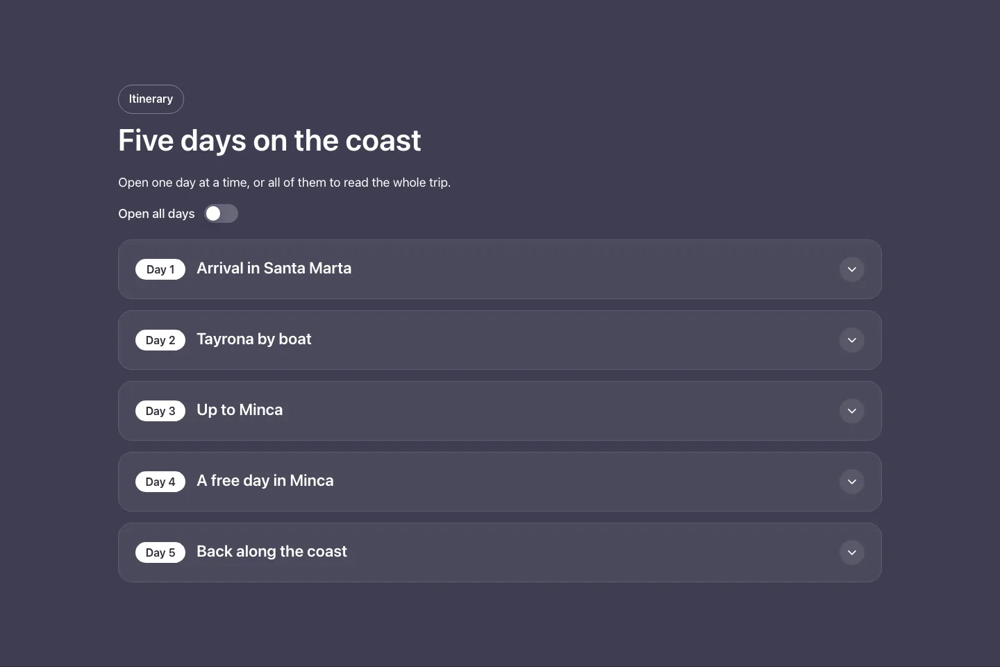 Elements · Itinerary accordion, with the site in dark mode
