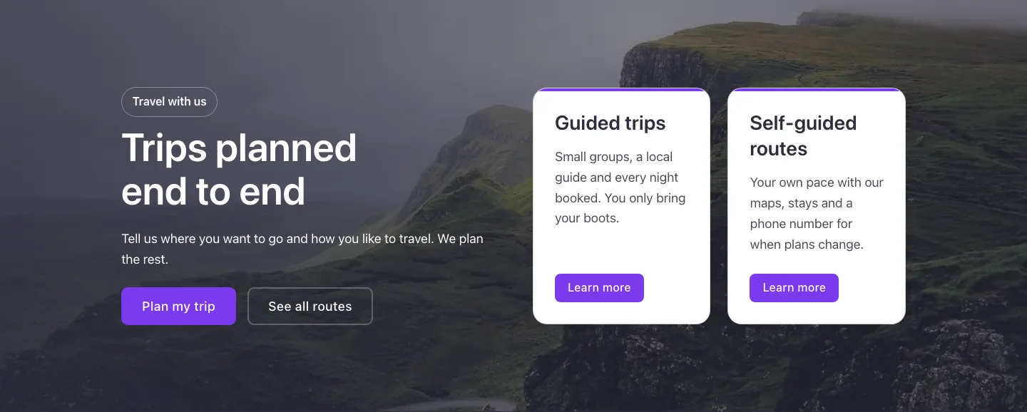 Cards · Over a photo, with the site in dark mode