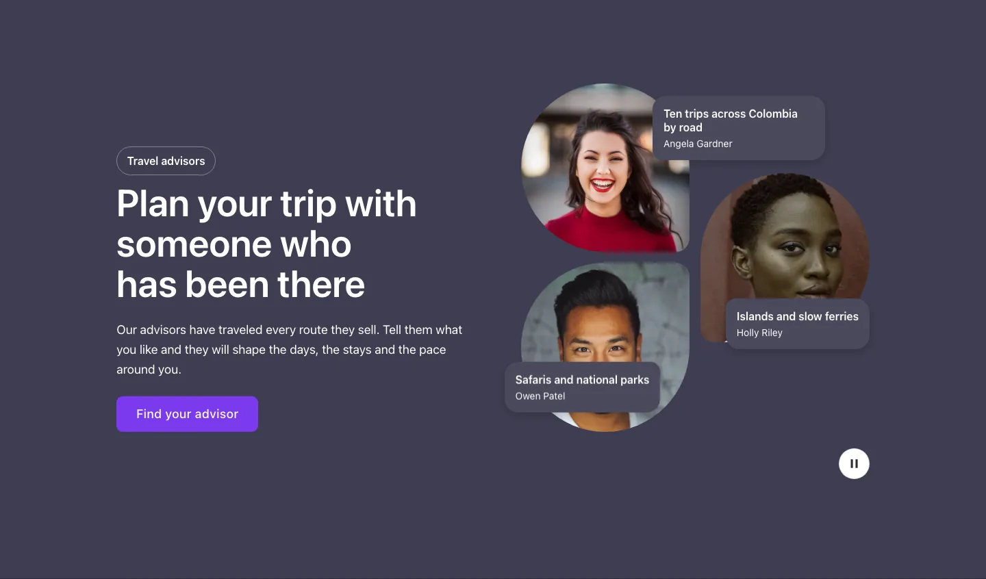 Hero · Floating people, with the site in dark mode