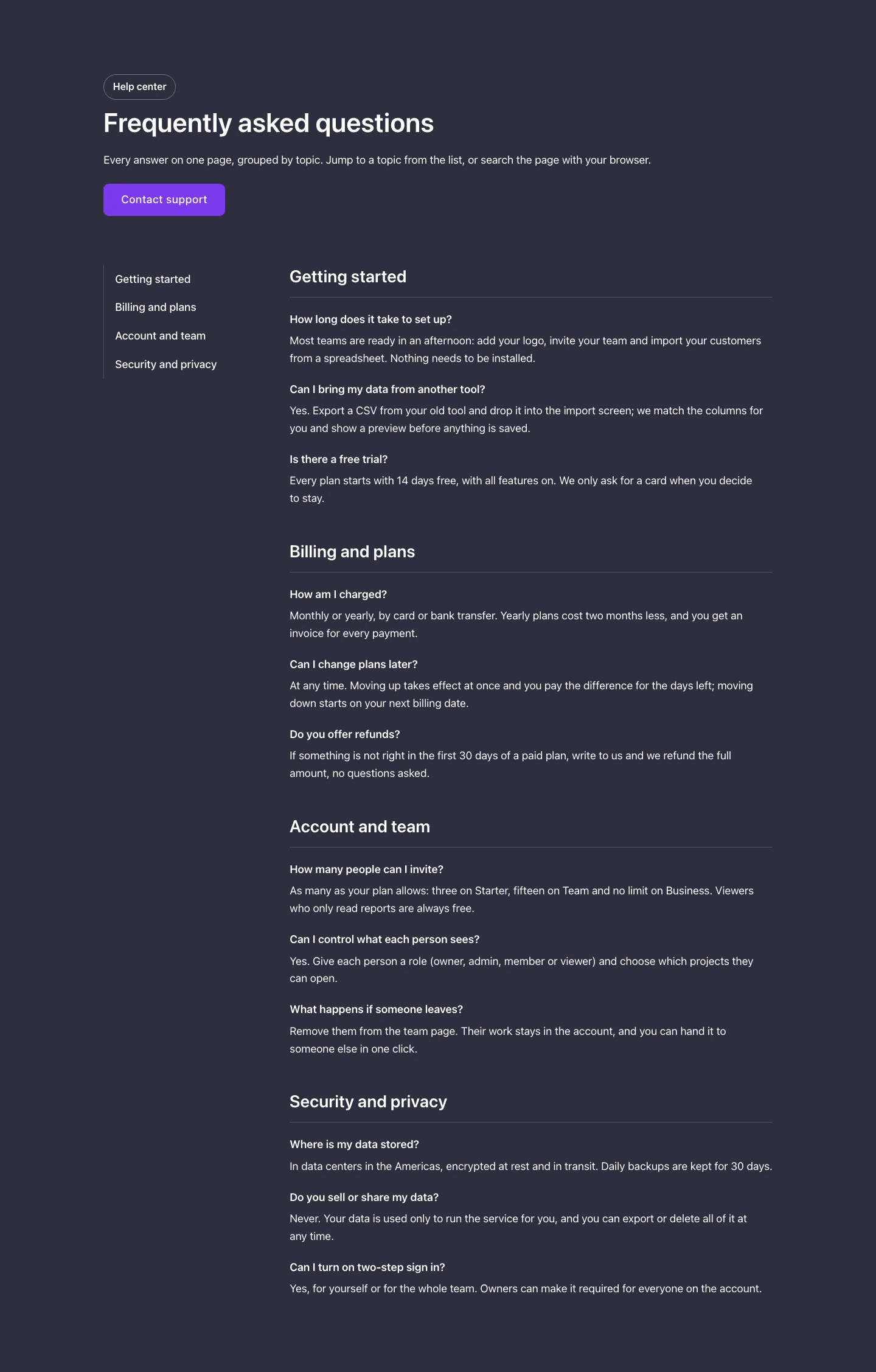 FAQ · Long with index, with the site in dark mode