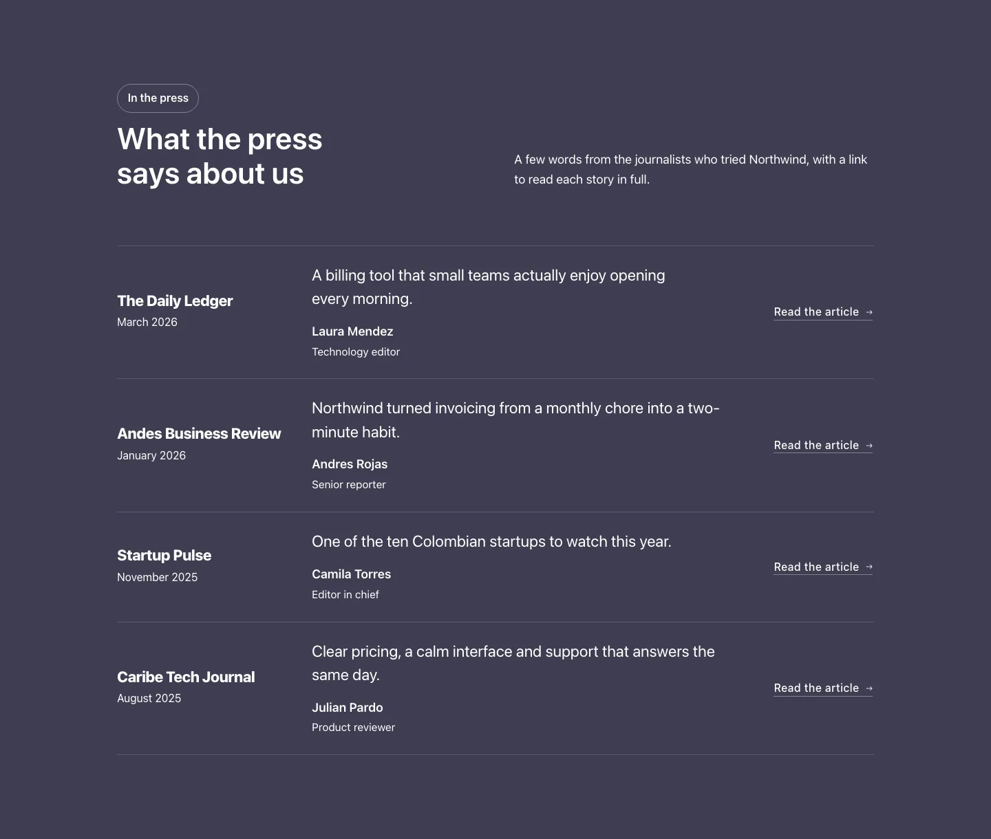 Logos · Press mentions, with the site in dark mode