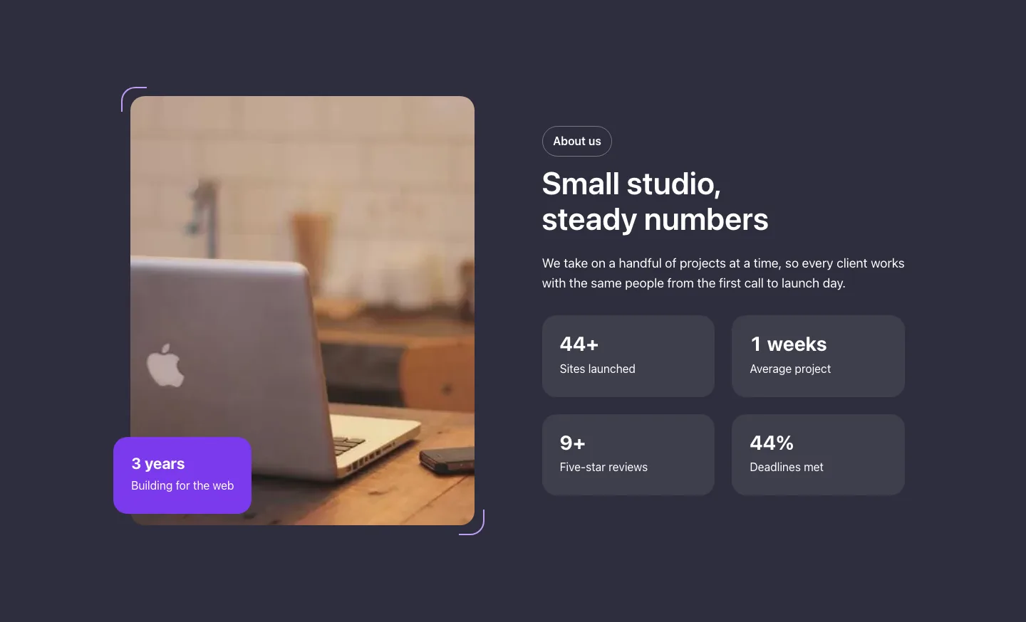 Stats · Photo split, with the site in dark mode