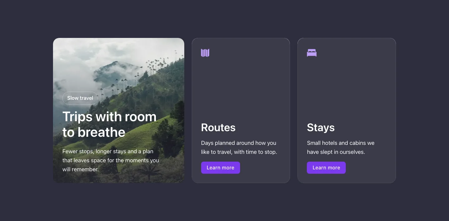 Text media · Photo cards, with the site in dark mode
