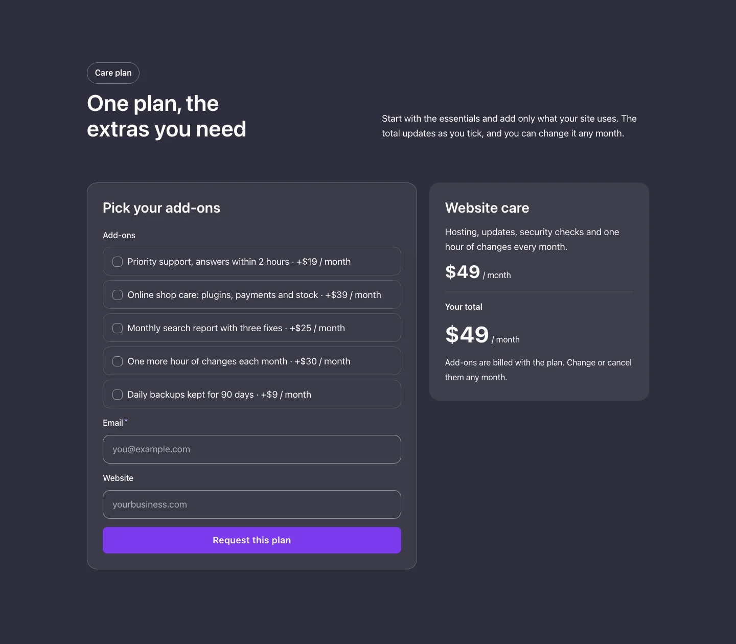 Pricing · Plan and add-ons, with the site in dark mode