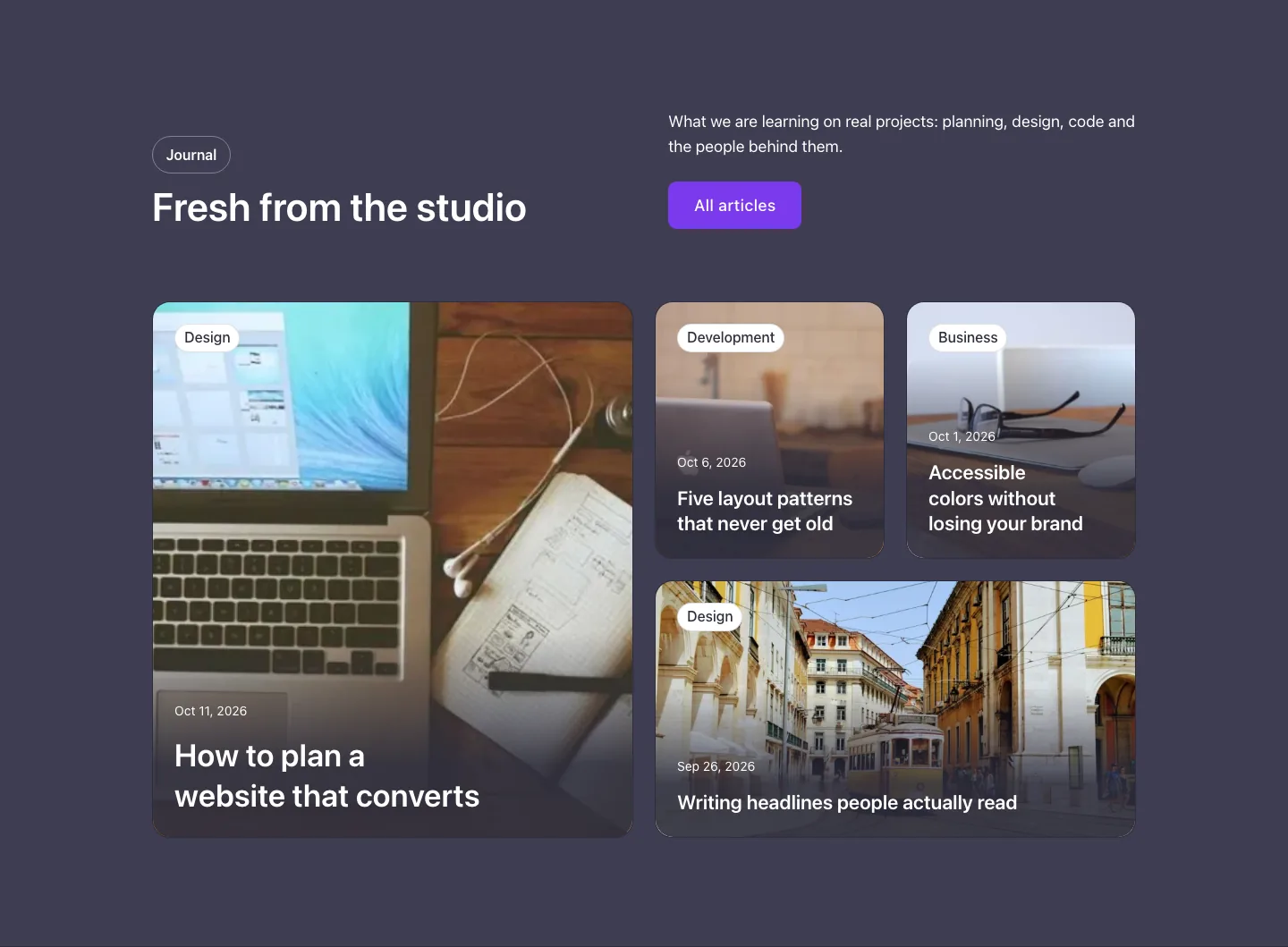 Blog · Bento wide, with the site in dark mode