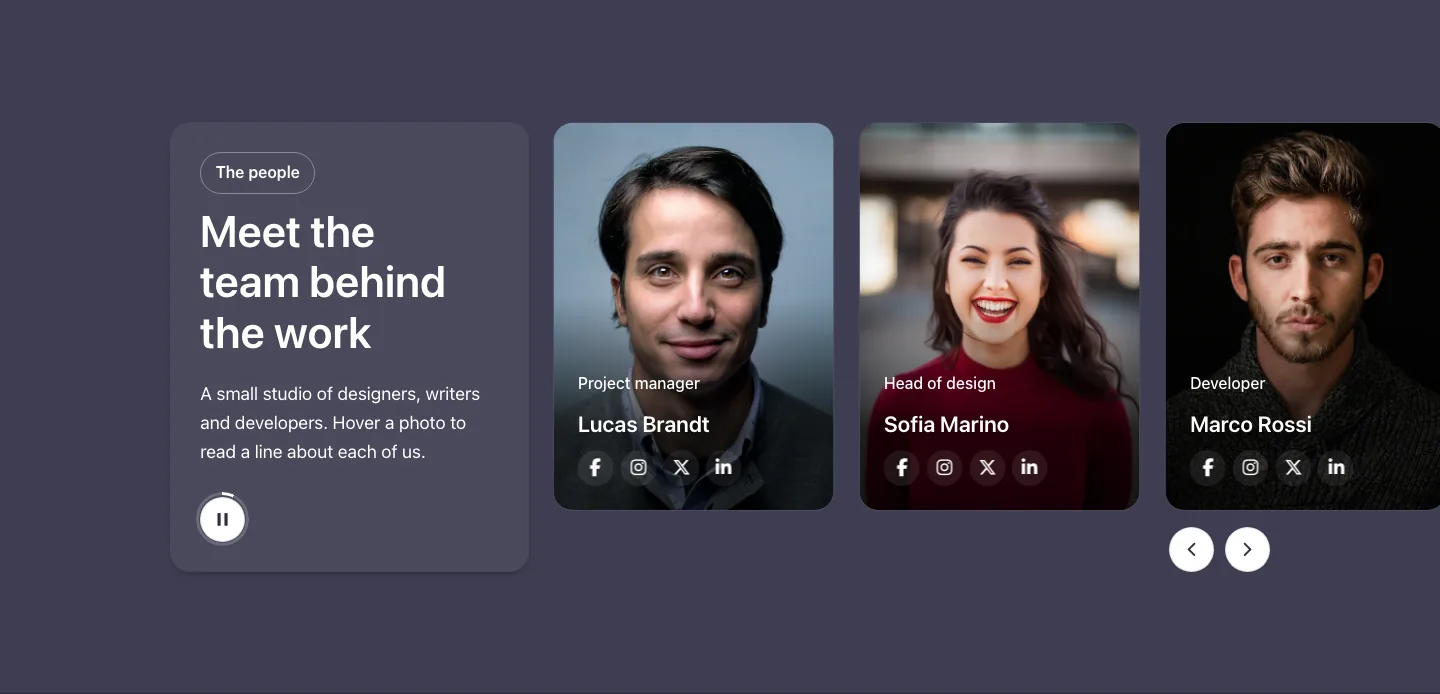 Team · Carousel with panel, with the site in dark mode
