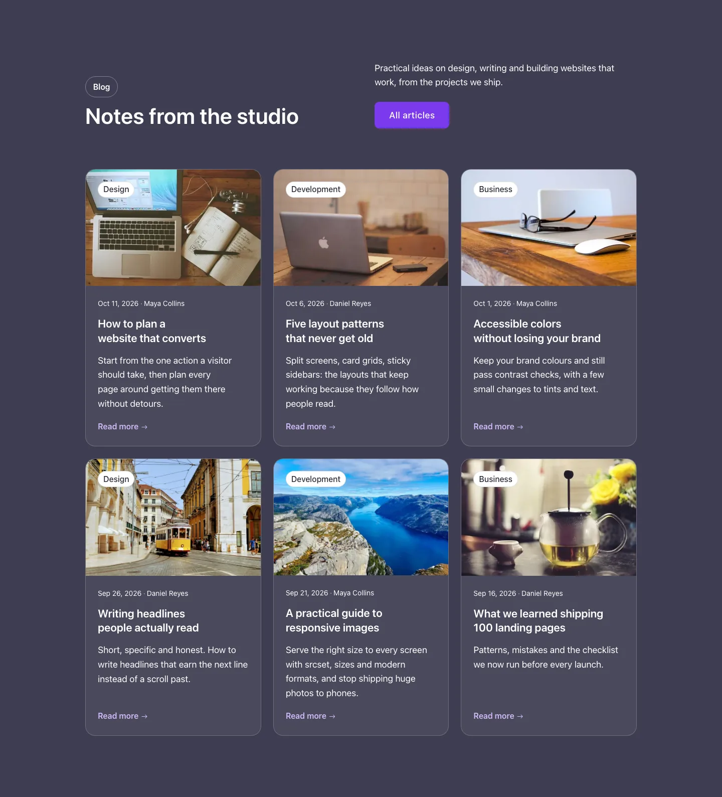 Blog · Post grid, with the site in dark mode