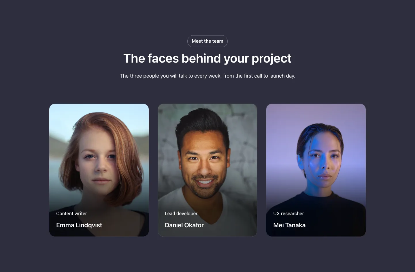Team · Overlay cards, with the site in dark mode
