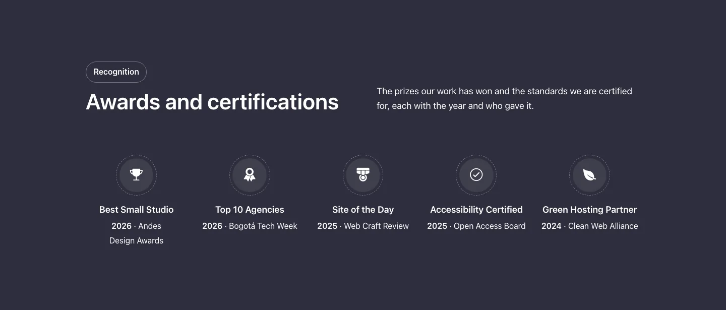 Logos · Awards and badges, with the site in dark mode
